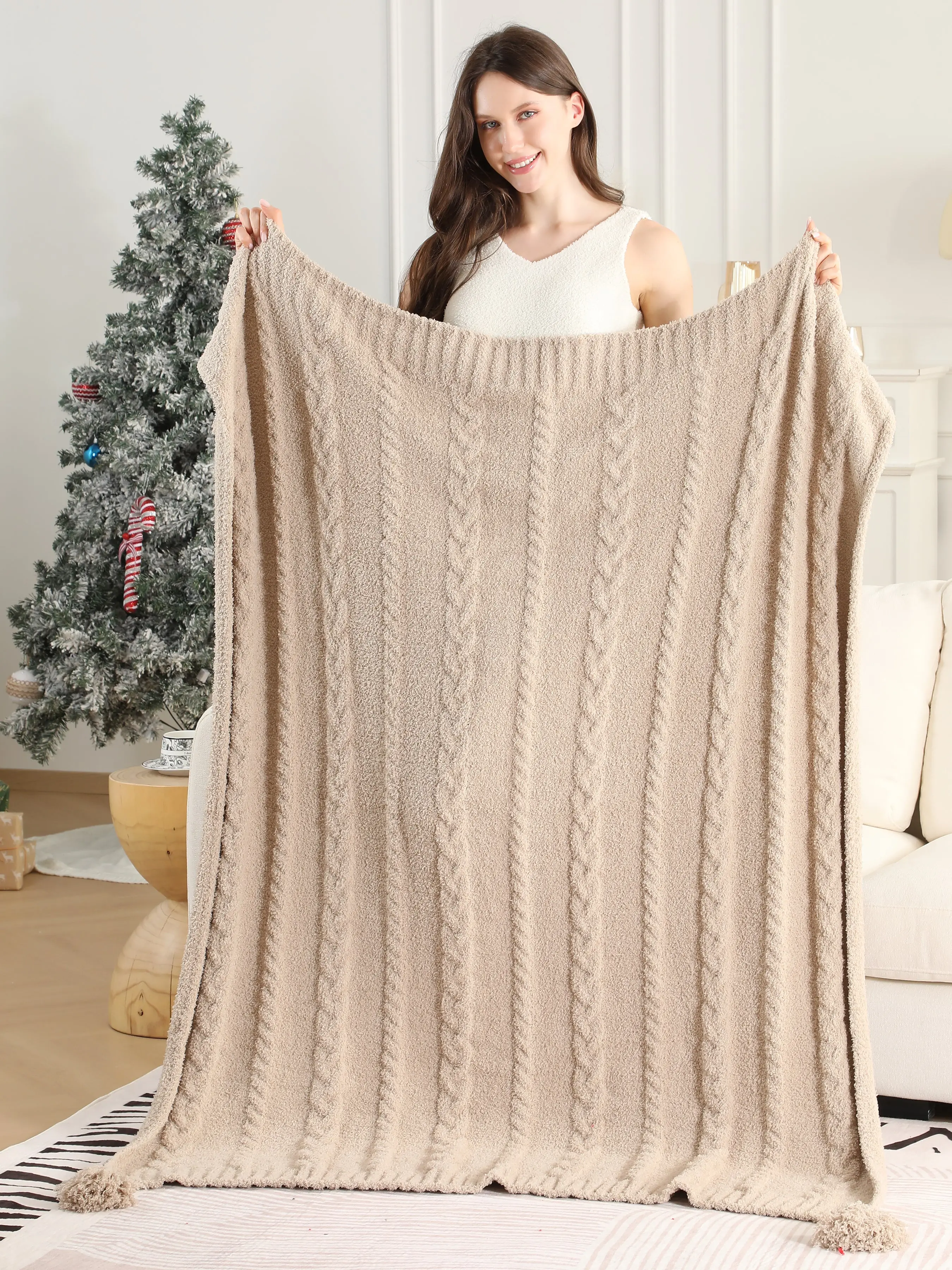 Solid Color Braided Cable Knit Luxury Soft Throw Blanket w/ Tassels