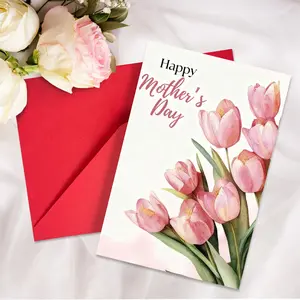 Mother's Day Envelope Set with Greeting Card, Romantic Tulip Flower Bouquet, Thank You Cards, Perfect Gift for Mothers