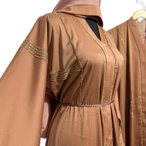Abaya with Gold Embellishments and Belted Waist for Elegance