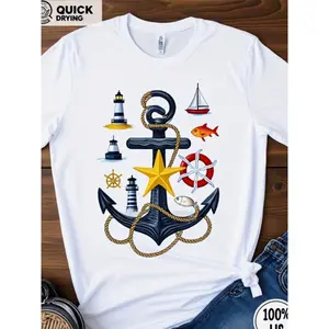 Womens Nautical Graphic Short Sleeve T Shirt Anchor Starfish Lighthouse Sailboat Fish Crew Neck Casual Summer Beach Vacation Outfit Top