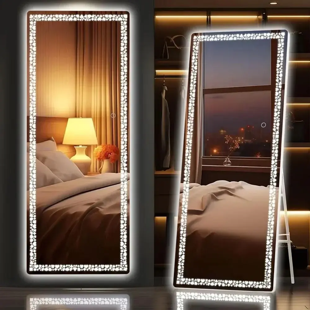 56" X 16" Led Mirror Full Length Mirror With Lights Poker Flower Pattern Decorative Mirrors Flexible Bathroom Home