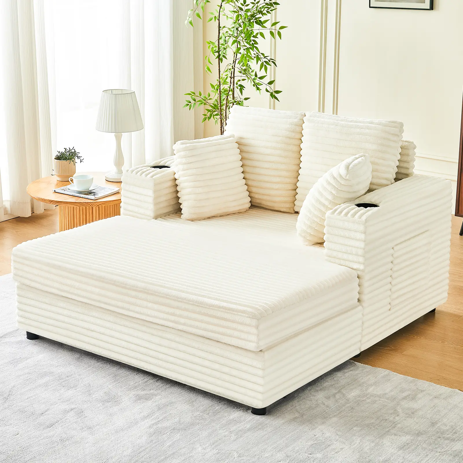 Oversized Chaise Lounge Chair Indoor, 49" Upholstered Sofa Bed with Frame, Plush Faux Fur Sleeper Couch with Throw Pillows, Armrests&Cup Holders, Deep