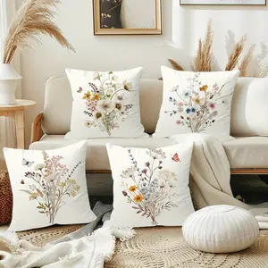 4 sets of Bohemian-style plant pattern pillowcases, Washable cushion covers, size 18x18 inches, made of polyester material, featuring watercolor-style wildflowers and butterflies patterns, with zipper closure, machine washable