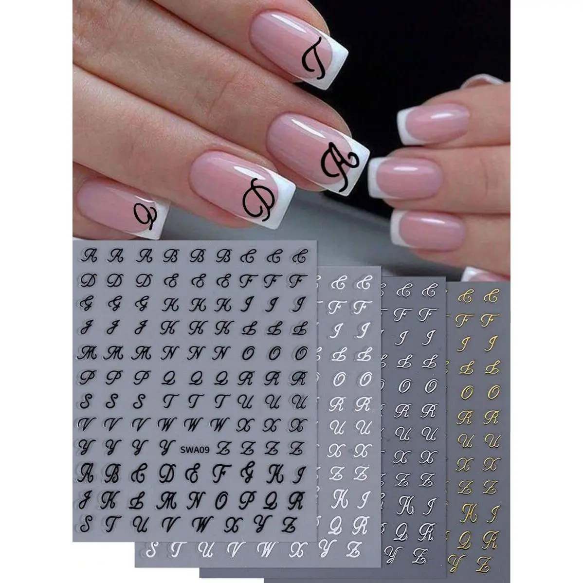 4pcs/Set English Letter Nail Art Stickers, White, Black, Gold, Silver, 3D Nail Decals DIY Nail Art Decorations, Nail Supplies Nails