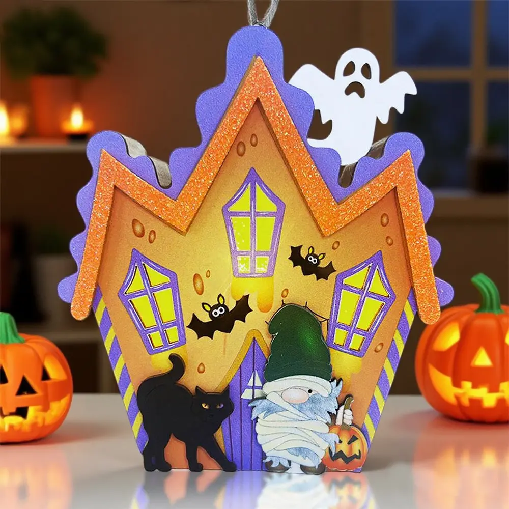 Halloween Wooden Table Sign with Led Lights-Light Up 3D Gnome Halloween Indoor Decorations-Fall Centerpieces Cat/Bat/Ghost for Haunted House Farmhouse Tabletop Tiered Tray (Purple)