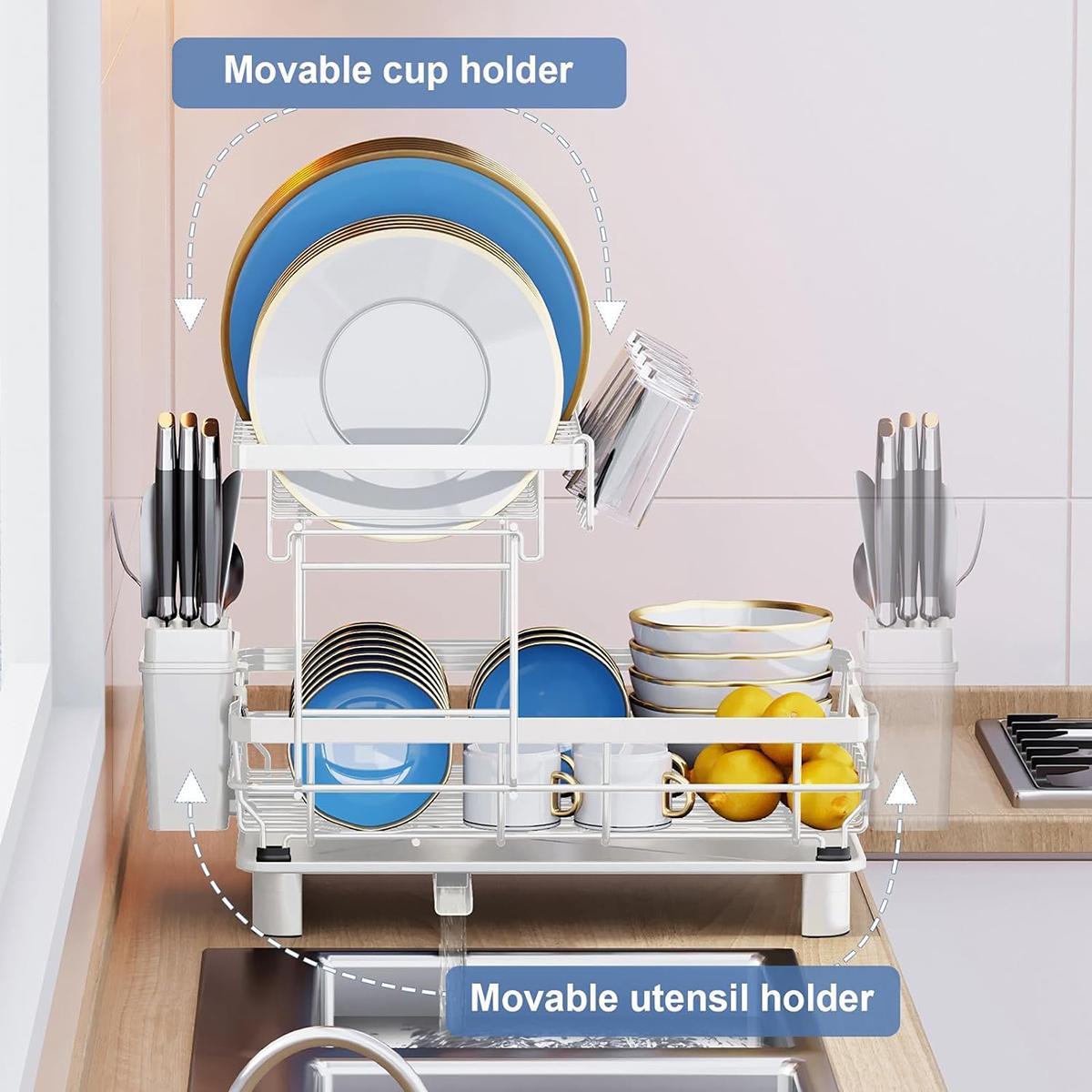 2 Tier Dish Drying Rack with Drainboard Adjustable Spout Utensil Holder and Knife Slots,Space-saving,Suitable for kitchen countertops,Keeps countertops clean and tidy,Easy to install,Beautifully crafted,Rotatable drainage system,Disassembleable