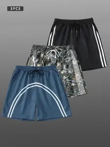 Men's Irregular Tree Striped Drawstring Beach Shorts Set, 3 Piece Summer Vacation Outdoor Casual Shorts, Fitted All over Print