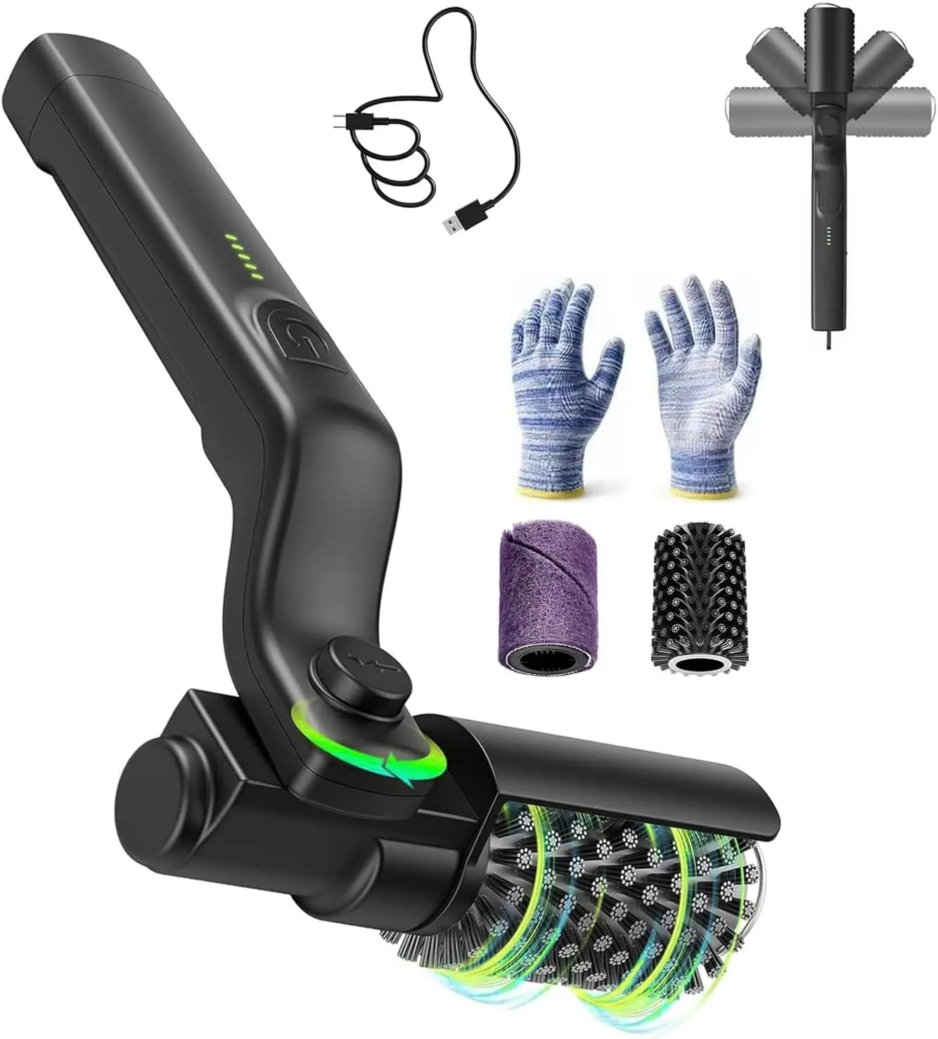 Electric Grill Brush with USB Charging, Rotating Cleaning Head, 2 Replacement Brushes and Purple Cloth Included