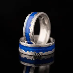 Blue Damascus - Blue Sandstone Ring, Natural Damascus Steel, 8mm