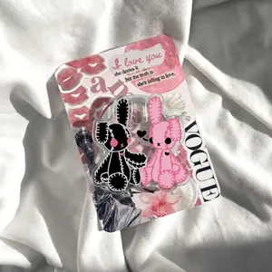 Creepy Cute Stitched Doll Phone Holder, Pink Black Voodoo Bunny Phone Grip, Pastel Goth Aesthetic Phone Stand, Soft Grunge Coquette Animal Phone Accessory, Gift