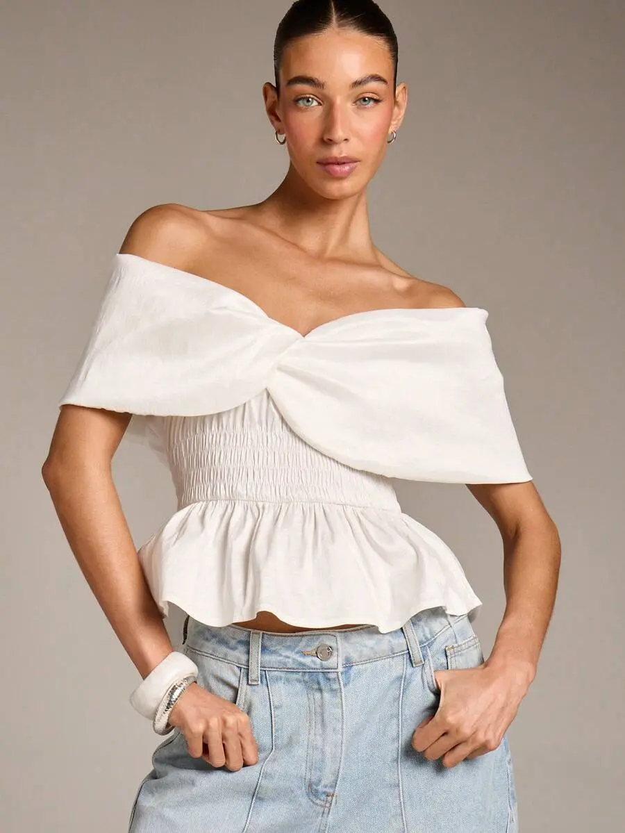 Shoulder Peplum Blouse With Ruffle Detail And Smocked Waist For Casual Feminine StyleBack to School outfit