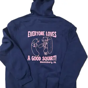 Everybody Loves a Good SQUIRT! Funny Hot Dog Sweatshirt - Navy Blue, Long Sleeve, Hooded, Casual Style, Medium Length