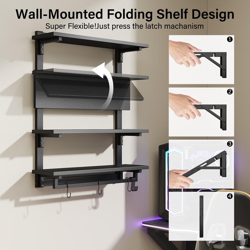 Foldable Gaming Floating Shelves with Adjustable Shelf, 24 Inch Wall Mounted Shelves with Dynamic LED for Living Room Game Room Cologne Holder Wooden Key Mail Holder