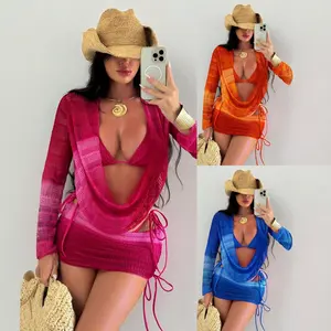 Women's Swimsuit Tie-Dye Print European & American Style Mesh Long Sleeve Beach Dress Sexy Bikini 4 Piece Set