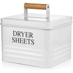 Calindiana Modern Farmhouse Metal Laundry Dryer Sheets Holder Fabric Softener Dispenser with Lid for Laundry Room Decor and Accessories and Space Saving Laundry Organization and Storage, White