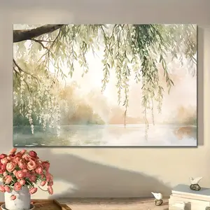 1-Piece Artistic Framed Oil Print - 2D Flat Minimalist Bohemian Wall Artwork, White Flower Willow Tree Blooming Branches, Wooden Frame, Ready-to-Hang Decoration, Suitable for Bedroom, Office Home Supplies