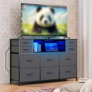Flash sale home items 10 Drawer Fabric Dresser TV Stand with Power Outlet, LED Lighting, Open Shelves & Wood Top, Storage Cabinet for Bedroom, Living Room, Hallway, Fits 45"-55" TV