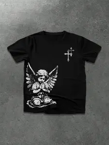Trendy Religious Casual Short Sleeve T-Shirt, Unique Design with Vintage Praying Angel and Carved Cross, Fitted Round Neck, Daily Wear