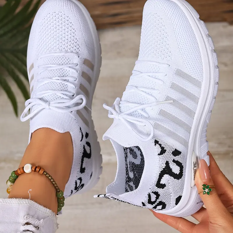 Women's Leopard Print Knit Casual Low Top Sneakers, Fashion Casual Sneakers, Walking Lifestyle Sneakers, Lightweight and Breathable, Slip-On for Comfortable Fit, Suitable for Walking, Traveling, Daily Wear, Sneaker Footwear
