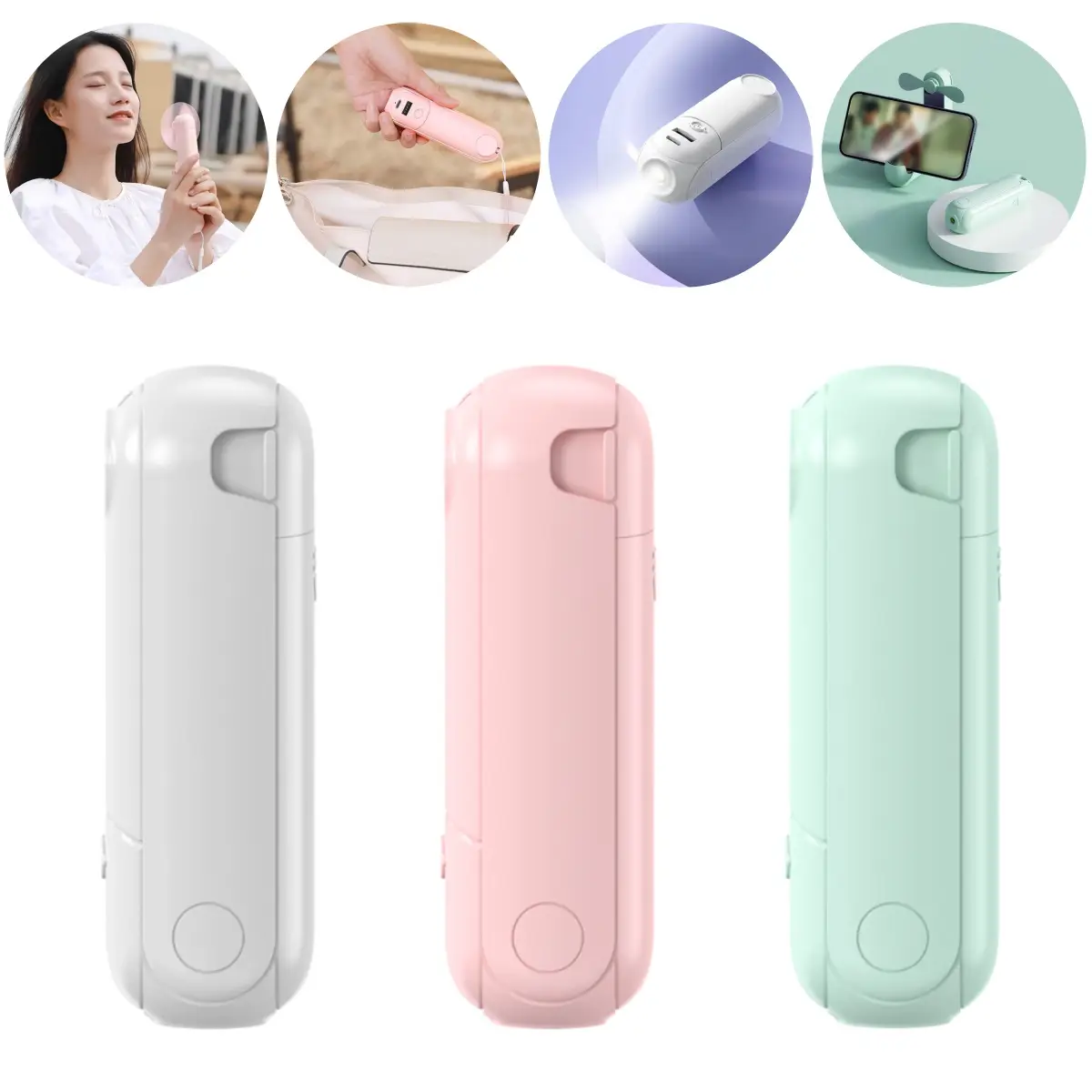 5 IN 1 Portable Handheld Fan Cordless, Rechargeable Folding Cool Fans Multifunctional with Power Bank - Mirror - Flashlight - Phone Holder, Small Pock