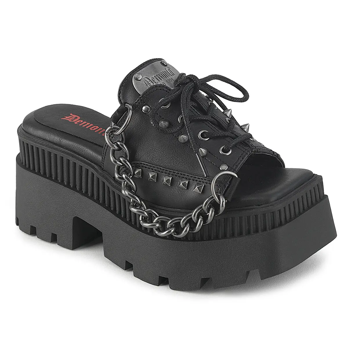 Demonia Wrath-03 Women's Black Vegan Leather Slide Sandal with Lacing Details and Hanging Chain Demonia Wrath-03 Women's Black Vegan Leather Slide Sandal with Lacing Details and Hanging Chain