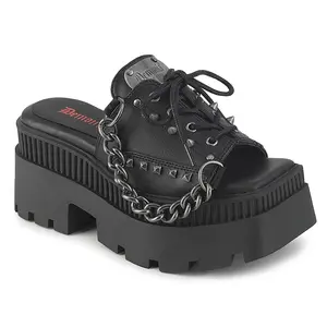 Demonia Wrath-03 Women's Black Vegan Leather Slide Sandal with Lacing Details and Hanging Chain