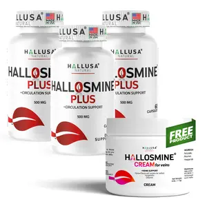 HALLUSA NATURAL HALLOSMINE PLUS 180 Cap + FREE Cream for Circulation & Vein Support with 500 mg Diosmin Tired Legs Varicose Veins Dietary Supplement - Fitness