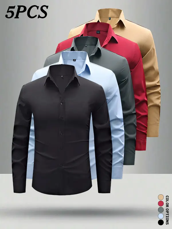 5-pack multicolor men’s long-sleeve casual shirts—multiple styles available. Say goodbye to outfit pairing struggles. Loose fit for unrestricted wear, suitable for office settings. Can be worn solo or layered to create a structured silhouette and premium