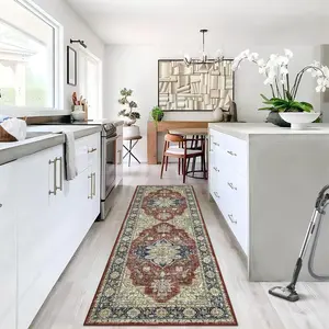 GARVEE 2x6 Washable Runner Rug - Vintage Distressed Non-Slip Accent Carpet for Entryway, Kitchen, and Laundry with Ultra-Thin, Low Pile, Stain Resistant, Foldable Design in Denim and Taupe Options.
