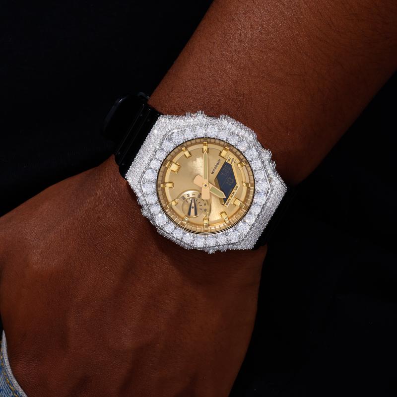 【CMW05】UCCIYO Compatible - GA2100 Universal Bezel 18K Gold-Plated Lab-Grown Moissanite Ice Out Copper Moissanite Watch Case Crystal-Set Watch Case Unisex Hip-Hop Style Jewelry Gift