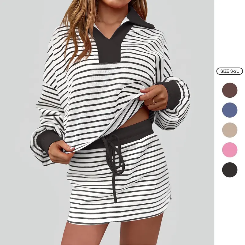 Imily Bela Womens Striped 2 Piece Outfits Casual Sweatshirt Skirt Set Long Sleeve Skort Workout Set Matching Lounge Sets