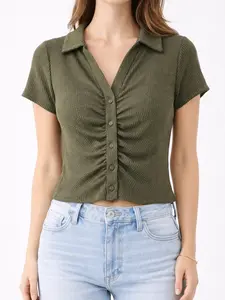 Women's Olive Green Ruched Button Front Collared Top – Textured Short Sleeve Knit Blouse