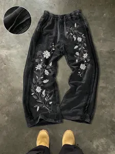 Men's Casual Loose Cotton Sweatpants, Floral Street Style, Elastic Waist Wide Leg Long Pants, Outdoor Camping Party Comfort, Boho Comfy Trousers