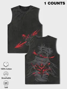 1 Men's Black Washed Oversized Tank Top, Jujutsu Kaisen Choso Anime Graphic, 100% Cotton, Streetwear Style, Ideal for Anime Fans & Urban Outfits