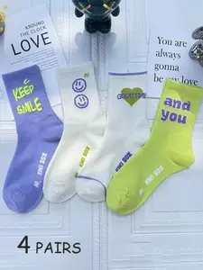 Women's Casual Letter Pattern Street Style Mid-Calf Socks, 4 Pairs, Perfect for Daily Wear, Trendy and Unique Design