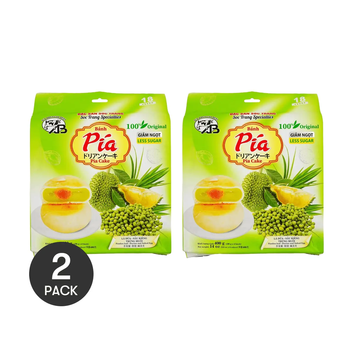2 Pack Banh Pia Vietnamese Durian Mung Bean Pastry with Salted Egg Yolk & Pandan Flavor - Low Sugar Snack 400g Each