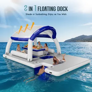 9.8x16FT Inflatable Floating Platform with Canopy Pavilion Dock Water & Land Use, Lake Beach Backyard Yacht Outdoor Gathering Party