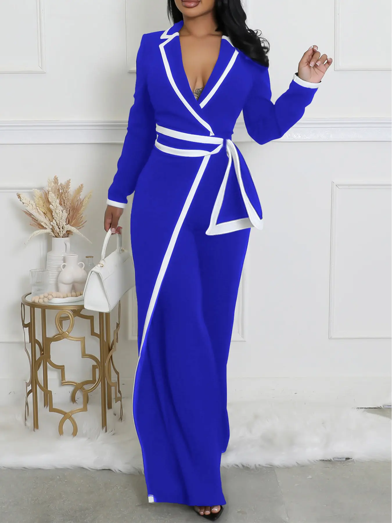 Women's Fall Winter Fashion Chic Belted Fitted Long Sleeve Jumpsuit with Belt, Two-Tone Patchwork Design, Elegant Casual Style, Perfect for Daily Wear, Outfit
