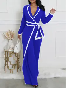 Women's Fall Winter Fashion Belted Long Sleeve Jumpsuit, Two-Tone Patchwork Design, Elegant Casual Style, Perfect for Daily Wear