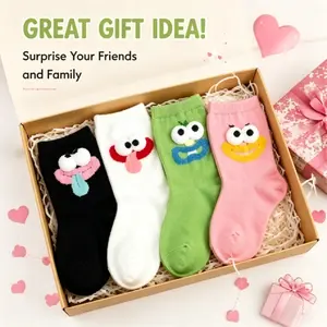4Pairs Cute Cartoon Round Face Socks, 3D Printed Funny Expression Socks, Soft and Breathable Elastic Casual Socks, Suitable for Couple Gifts, Novel Daily Wear and Parties