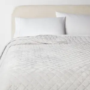 Full/Queen Luxe Diamond Stitch Velvet Quilt Light Gray - Threshold: OEKO-TEX Certified, Machine Washable, Year-Round Comfort