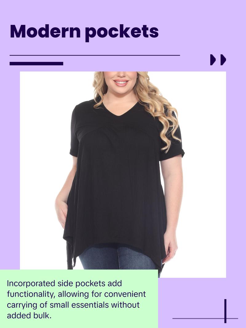 White Mark Short Sleeve Shirred Front Knit Tunic Top with Pockets, Women's Plus, 1X-3X