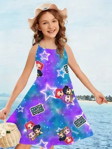 Idol Girl Group K-Pop Backless Dress, Blue Starry Sky Q Version 3D Printed Graphic Print Dress, Summer Fashion Versatile Comfortable Soft