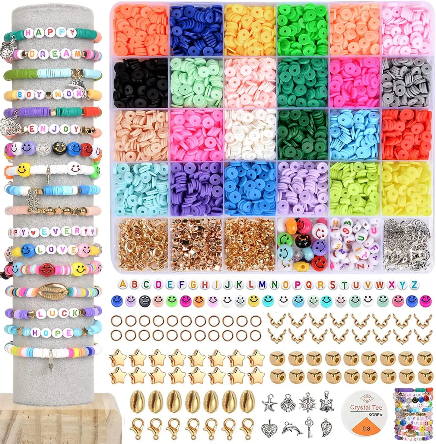 NiceGo 6800 Clay Beads Bracelet Making Kit 24 Colors Flat Spacer Beads for Kids Jewelry DIY Craft Set with 987 Charms & 2 Elastic Strings