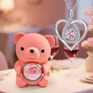Pink Rose Bear with Heart Pendant Necklace – Elegant Heart-shaped & Rhinestone Design, Perfect Gift for Mom, Wife, Birthday, Anniversary, or Holidays (Thanksgiving, Christmas, Halloween)