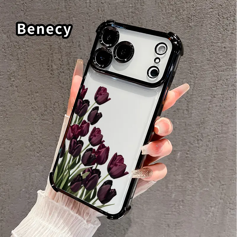 Phone Case for iPhone 17 16 Pro Max 15 Plus 14 13 12 11 E Air Dark Tulips Pattern Mobile Four Corner Anti-drop Shockproof Non-slip Silicone Transparent Protective Cover