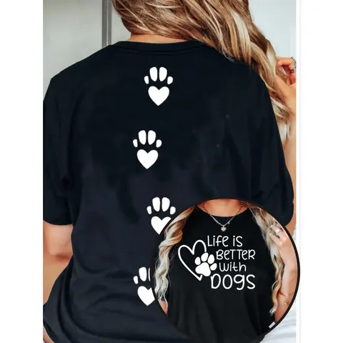 Women's Cotton Short-Sleeve Round Neck Heart Paw Pattern Graphic Print T-Shirt - Casual Unisex Fit Custom Summer Casual Top, T Shirts for Women