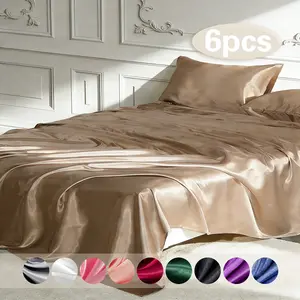 6-piece 100% polyester satin bed sheet set, including (1 fitted sheet + 1 flat sheet + 4 pillowcases), complete bedding set, solid color, machine washable - bedroom essentials, suitable for single, double, king, and queen size beds.