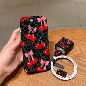 Cherry Pattern Phone Case with Charger Head Cover & Cable Protector & Storage Rope, Shockproof Phone Case for iPhone, Casing, Accessories