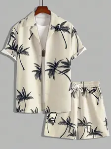 2026 TikTok Trending Men's Hawaiian Tropical 2 Piece Outfits Summer Coconut Tree Print Short Sleeve Button Down Shirt & Shorts Set Breathable Casual Wear for Beach Vacation Pool Party Holiday